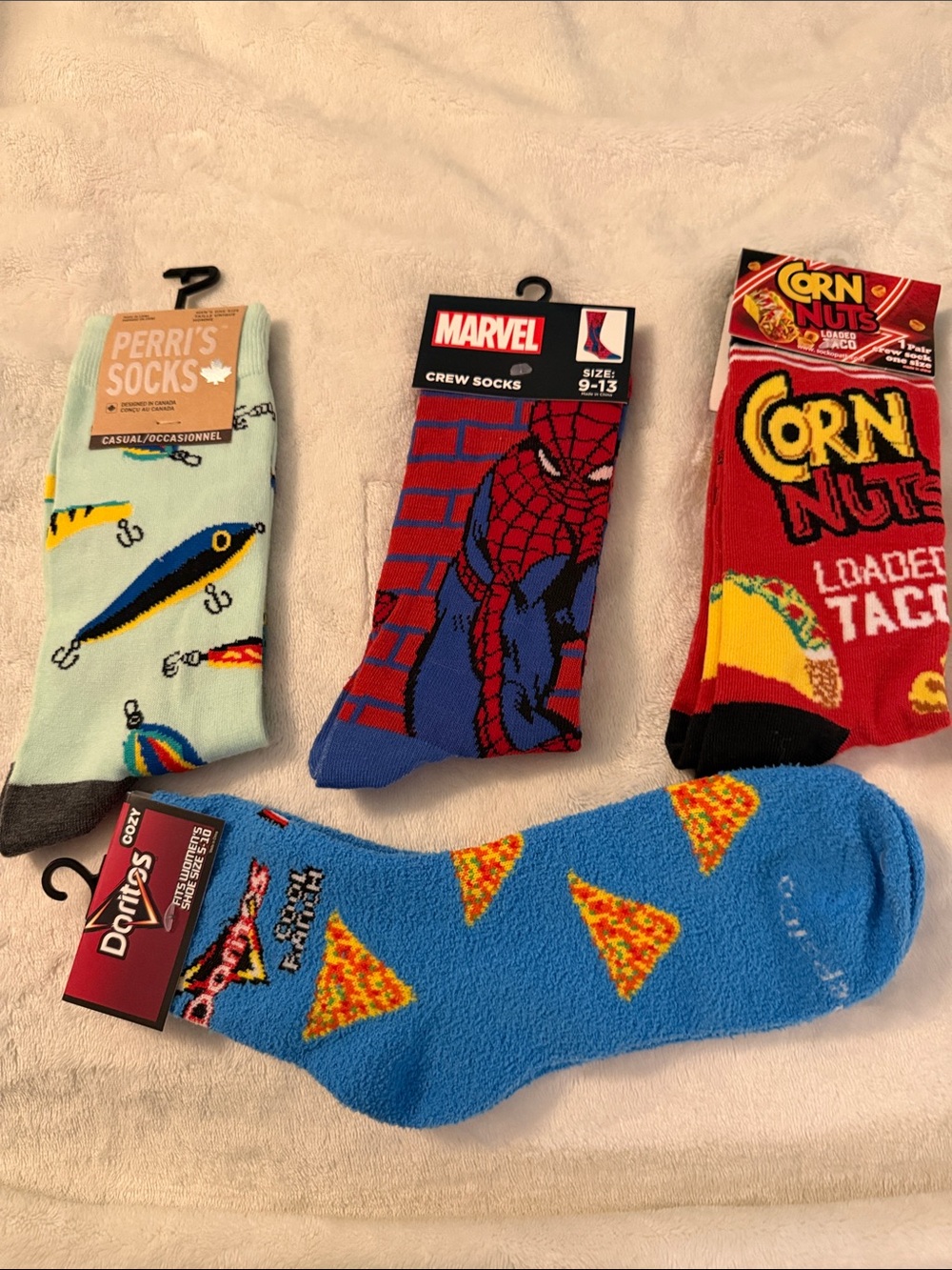 Marvel Spider-Man, Doritos, corn nuts, & Fishing Socks